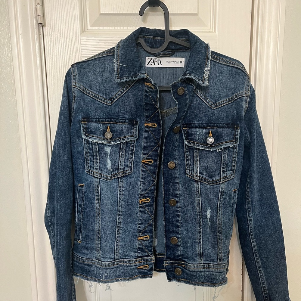 Zara Dark Blue Distressed Denim Jacket